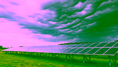 Symbolbild Dunkelflaute: dunkler Himmel über Solaranlage