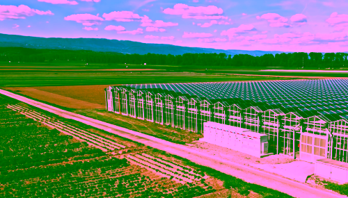 Stromspeicher vor Gewächshaus mit grosser Solaranlage